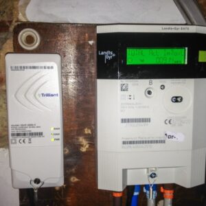 Landis+Gyr E470 with Trillion Communications Hub Smart meter faraday cage with ground lead.